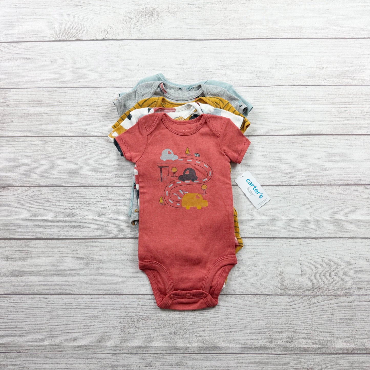 Carter’s Baby 5 Pack Short Sleeve Bodysuits Cars Stripes Prints NWT 3-6 Months