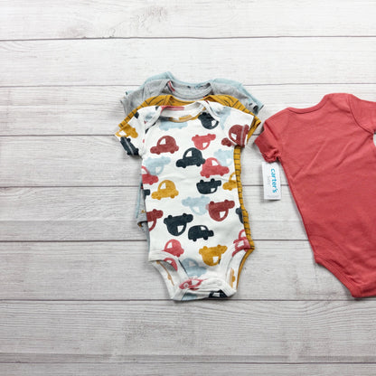 Carter’s Baby 5 Pack Short Sleeve Bodysuits Cars Stripes Prints NWT 3-6 Months