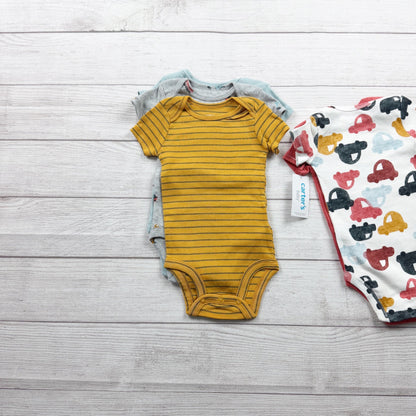 Carter’s Baby 5 Pack Short Sleeve Bodysuits Cars Stripes Prints NWT 3-6 Months