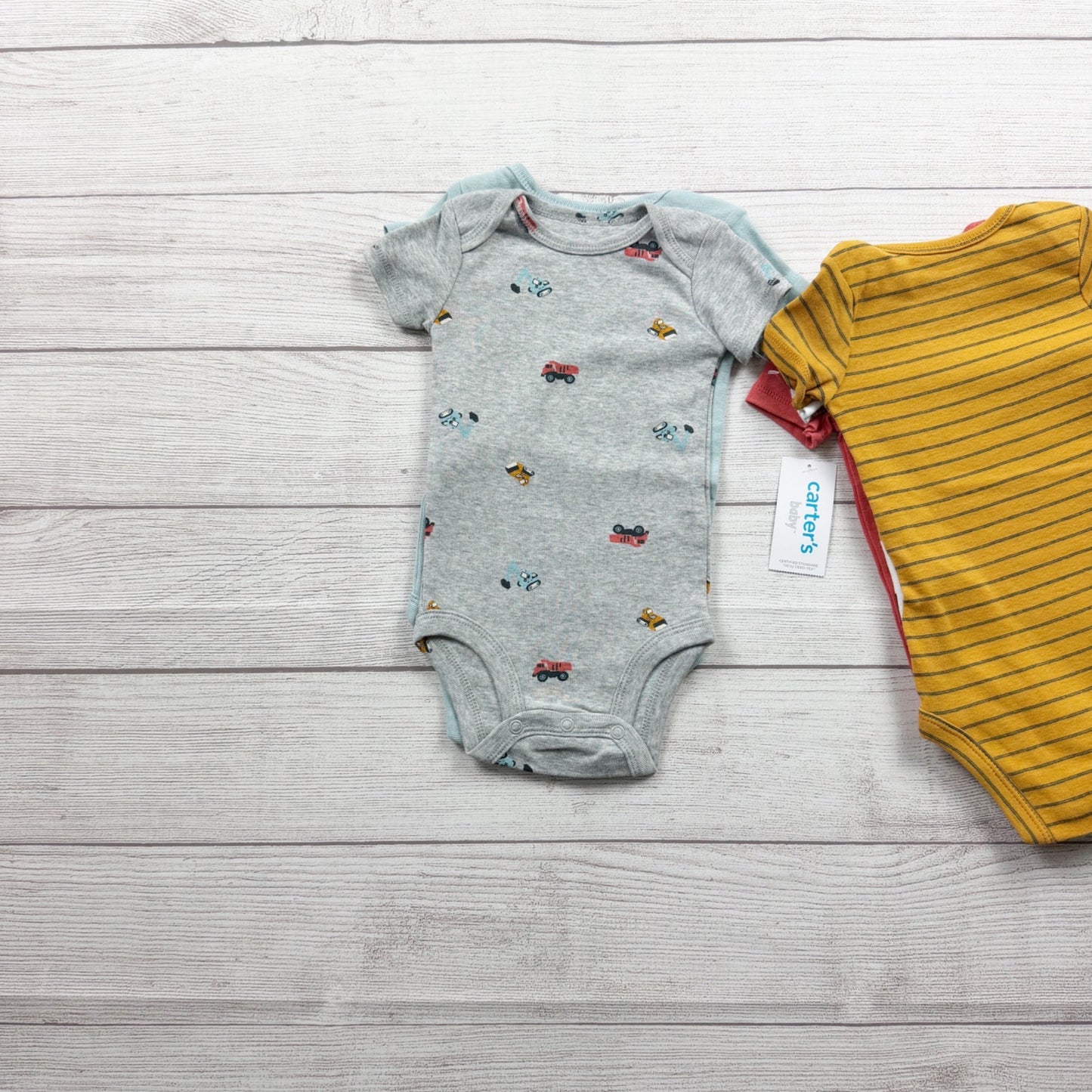 Carter’s Baby 5 Pack Short Sleeve Bodysuits Cars Stripes Prints NWT 3-6 Months
