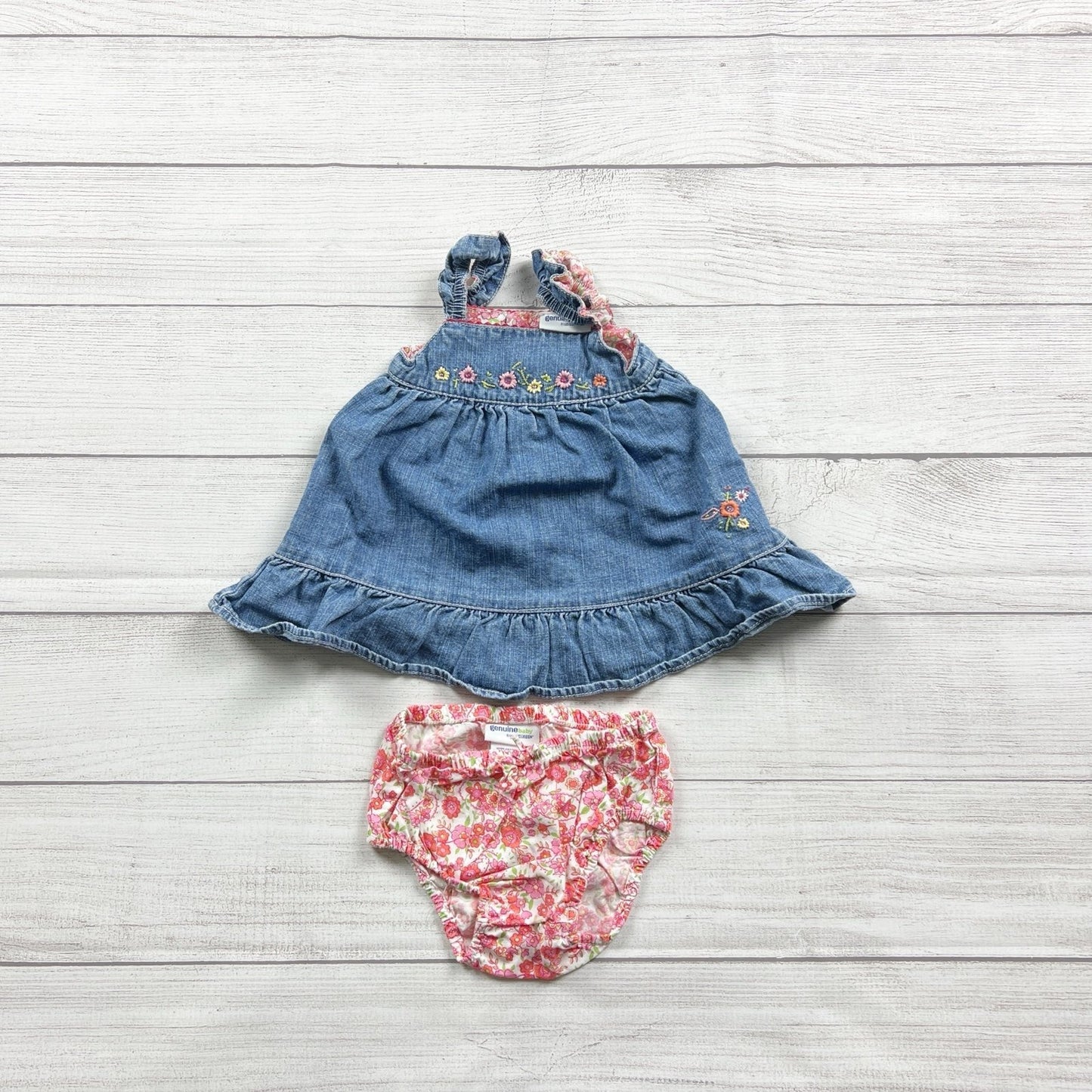 Oshkosh Genuine Kids Baby Girl Denim Dress Floral Bloomers Set 0-3 Months