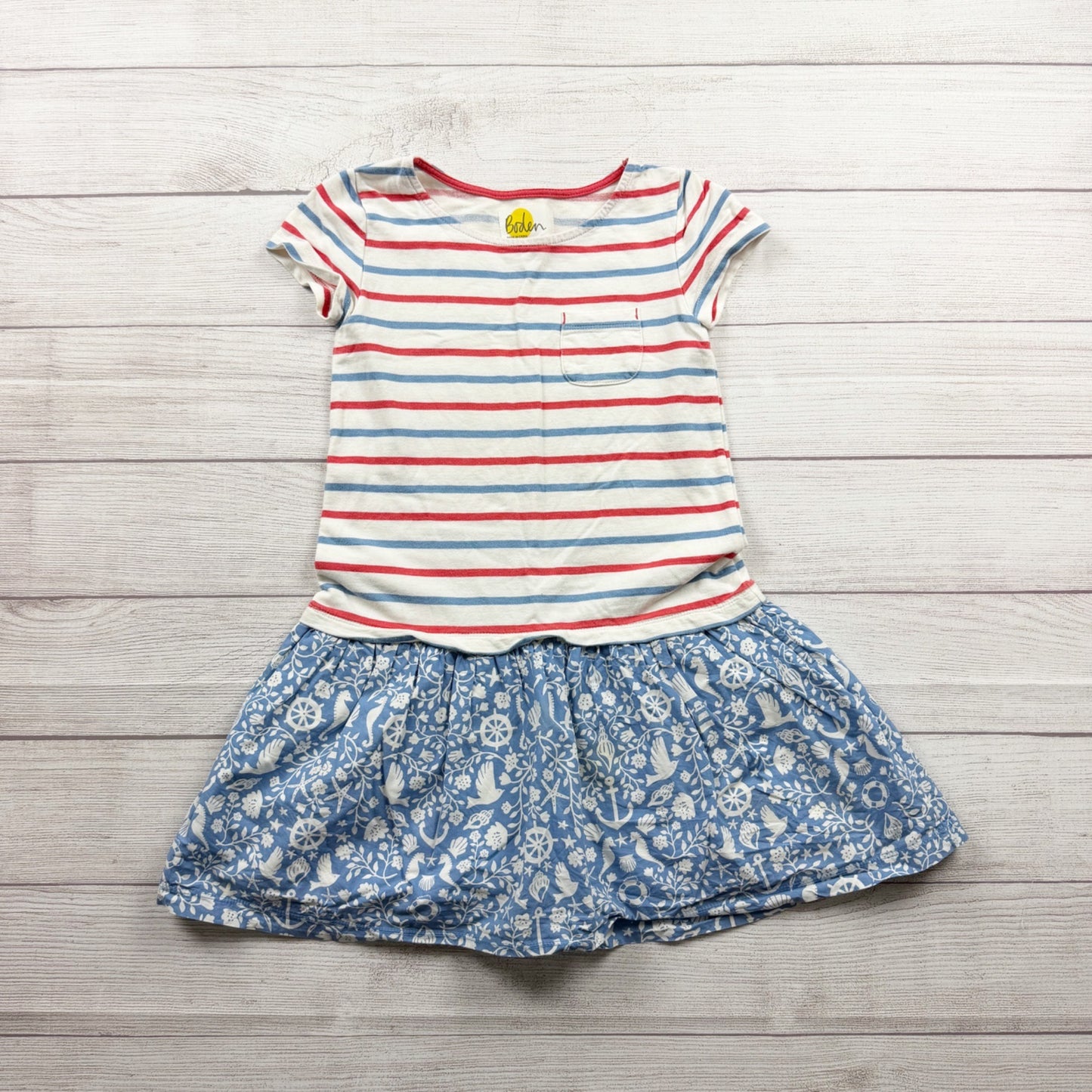 Boden Girls Striped Top Blue Nautical Print Skirt Pocket Dress 6-7
