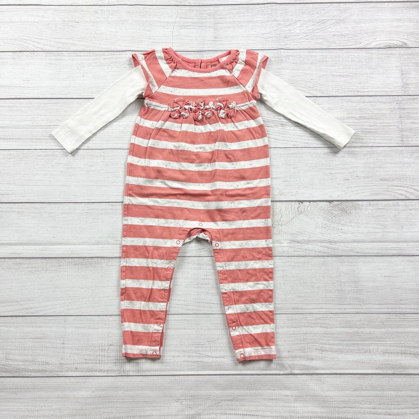 Tea Collection Coral White Striped Baby Romper Long Sleeves 18-24 Months