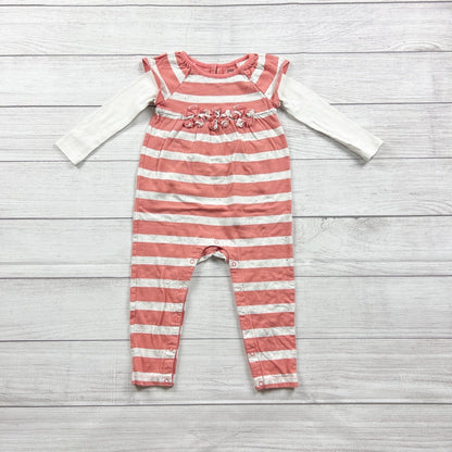 Tea Collection Coral White Striped Baby Romper Long Sleeves 18-24 Months