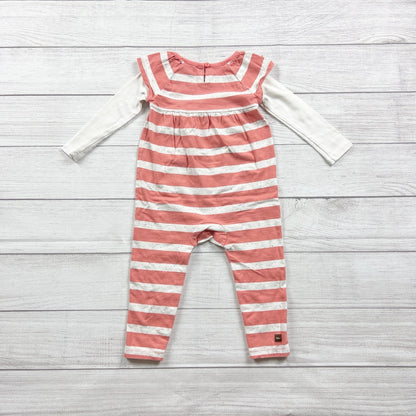 Tea Collection Coral White Striped Baby Romper Long Sleeves 18-24 Months