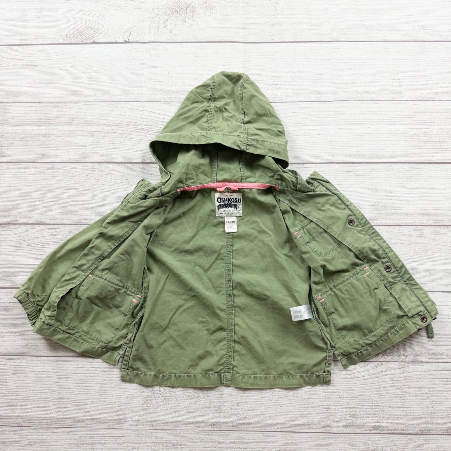 OshKosh Bgosh Green Hooded Jacket Pockets Toddler 18-24 Months