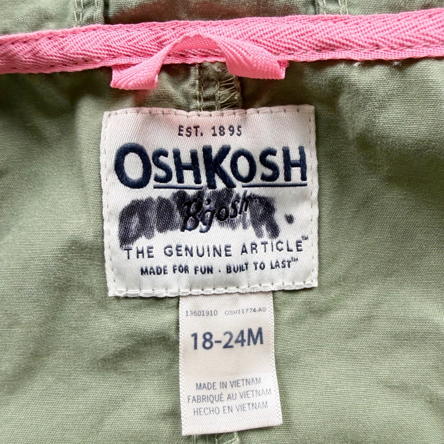 OshKosh Bgosh Green Hooded Jacket Pockets Toddler 18-24 Months