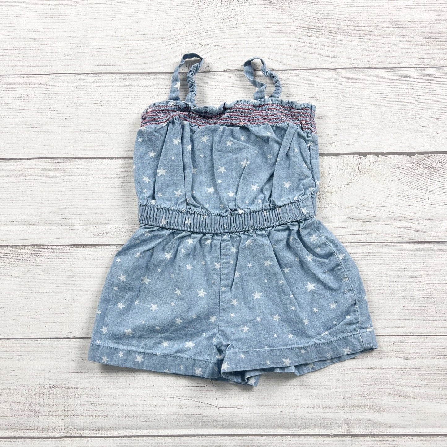 Celebrate Baby Girls Chambray Romper Star Print Smocked Bodice USA 3T
