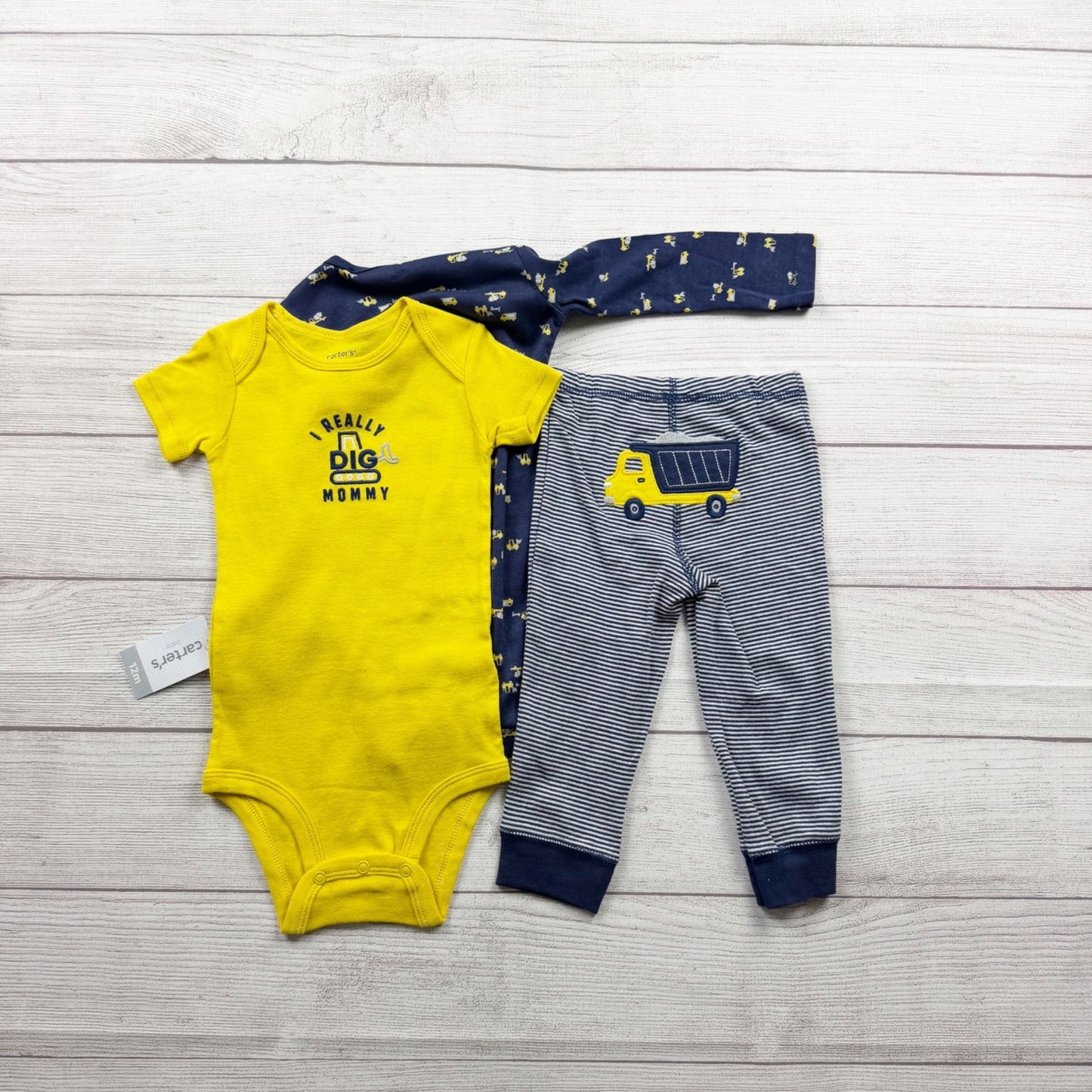 Carter’s Baby Boys 3 Piece Outfit Set Yellow Navy Dump Truck NWT 9-12 Months