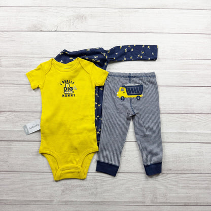 Carter’s Baby Boys 3 Piece Outfit Set Yellow Navy Dump Truck NWT 9-12 Months