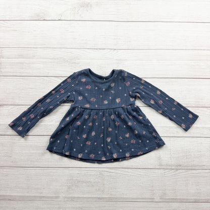 Garanimals Girls Navy Floral Long Sleeve Ribbed Baby Doll Top 2T