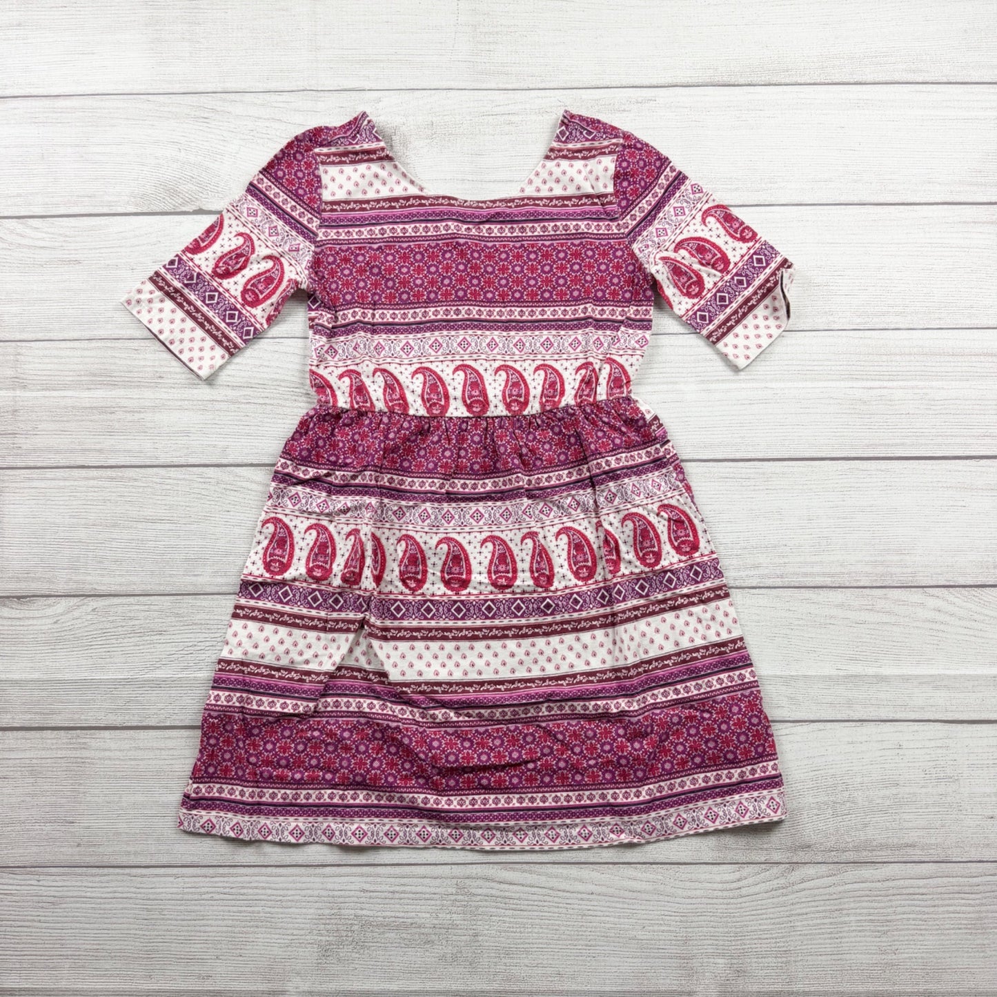 Old Navy Girls Paisley Print Fit and Flare Dress Pink Purple 3/4 Sleeve M 8
