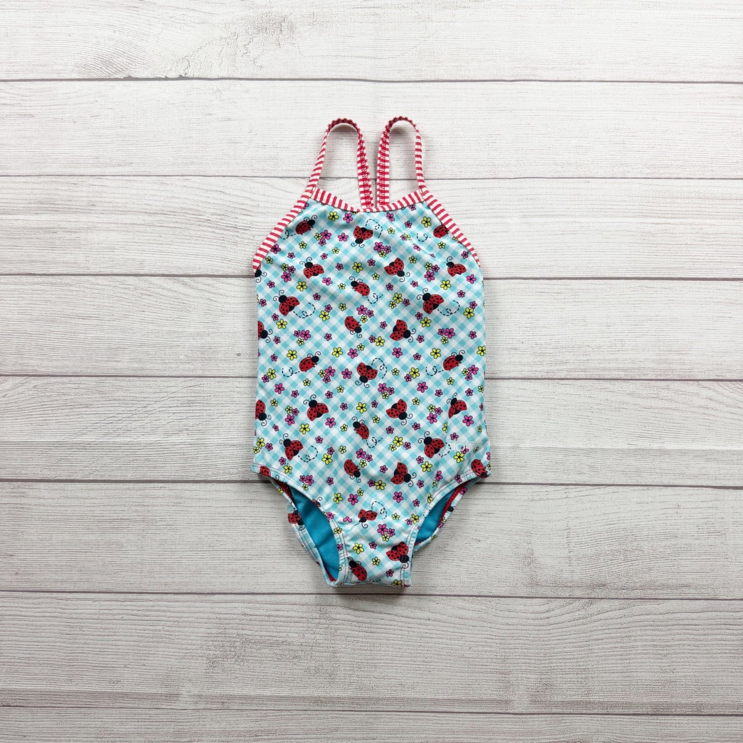 Dolfin Girls Ladybug Print OnenPiece Swimsuit Red Striped Trim 6X