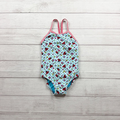 Dolfin Girls Ladybug Print OnenPiece Swimsuit Red Striped Trim 6X