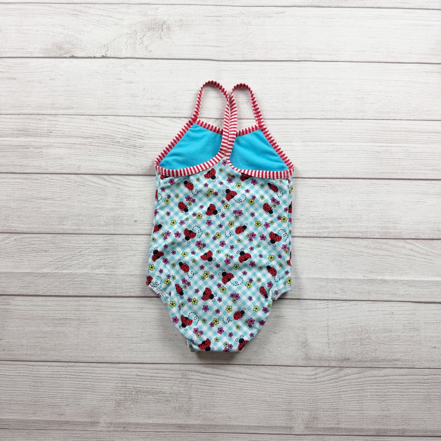 Dolfin Girls Ladybug Print OnenPiece Swimsuit Red Striped Trim 6X