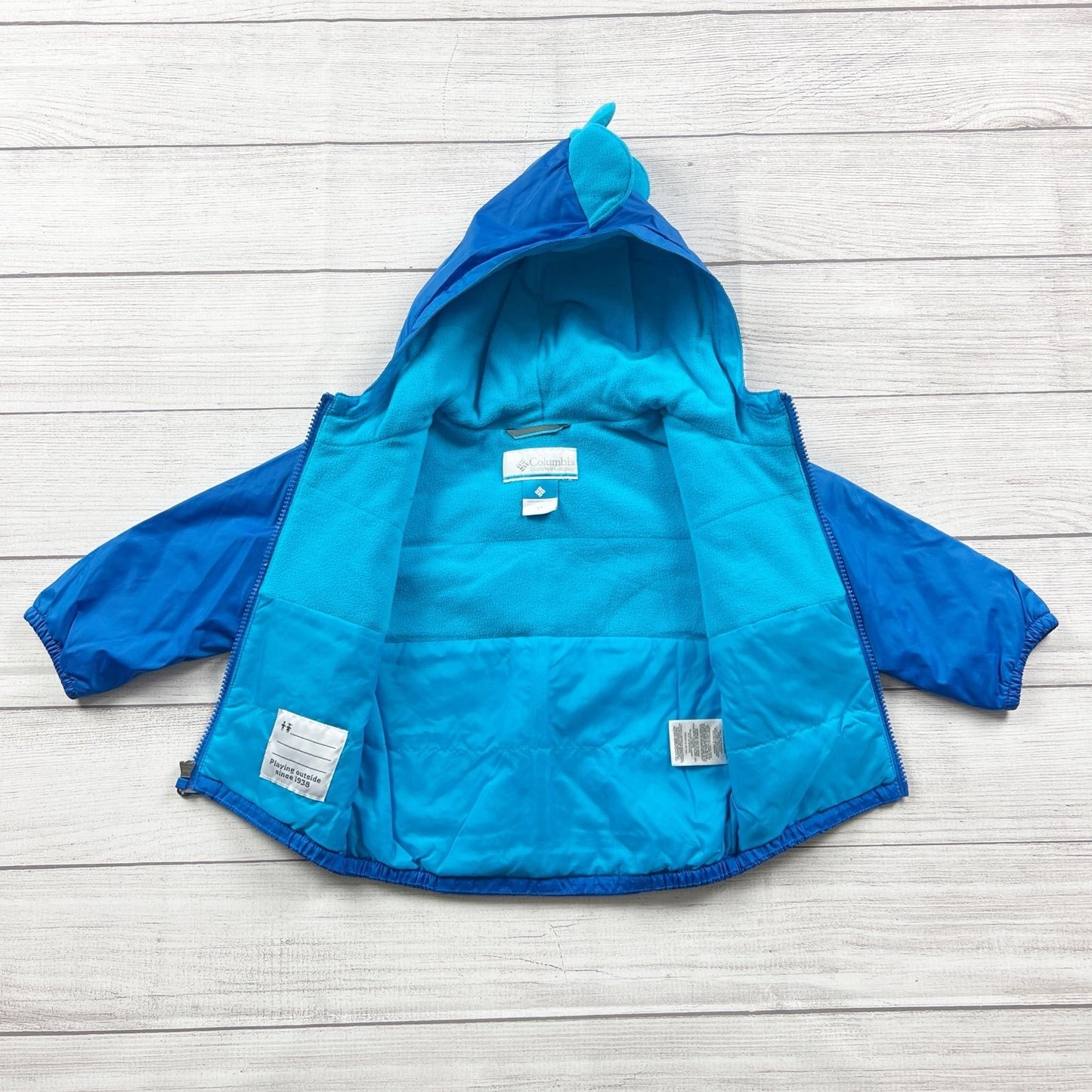 Columbia Toddler Dino Jacket Blue Hooded Fleece Lined Zip Up Coat 2T