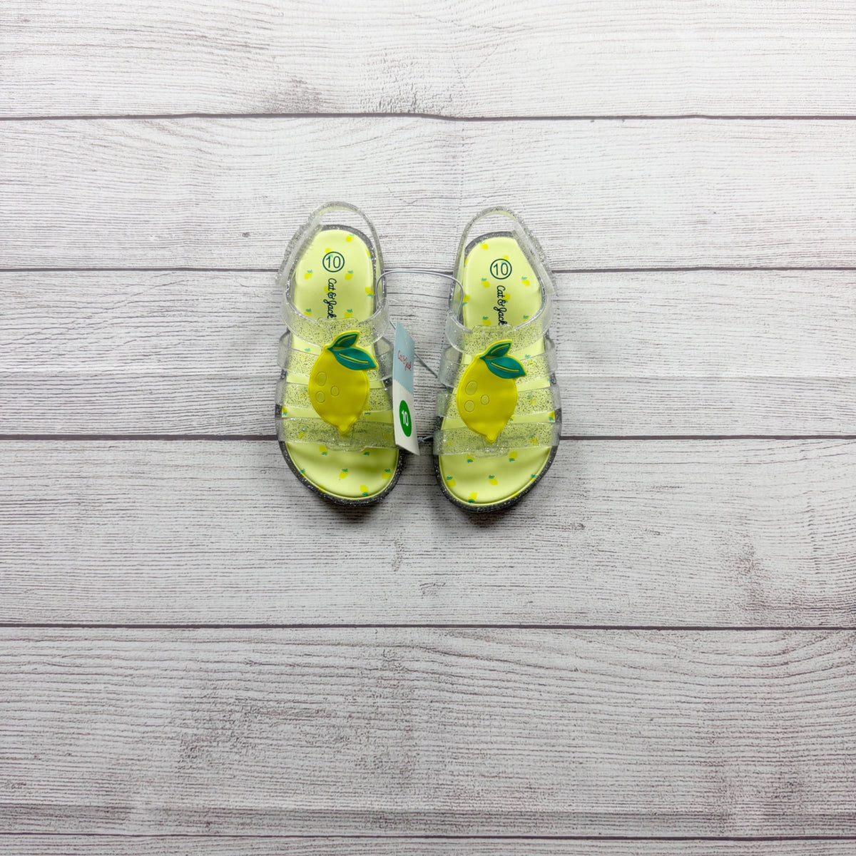 Cat & Jack Girls Jelly Lemon Sandals Glitter Strap Yellow Lemon Accent NWT US 10