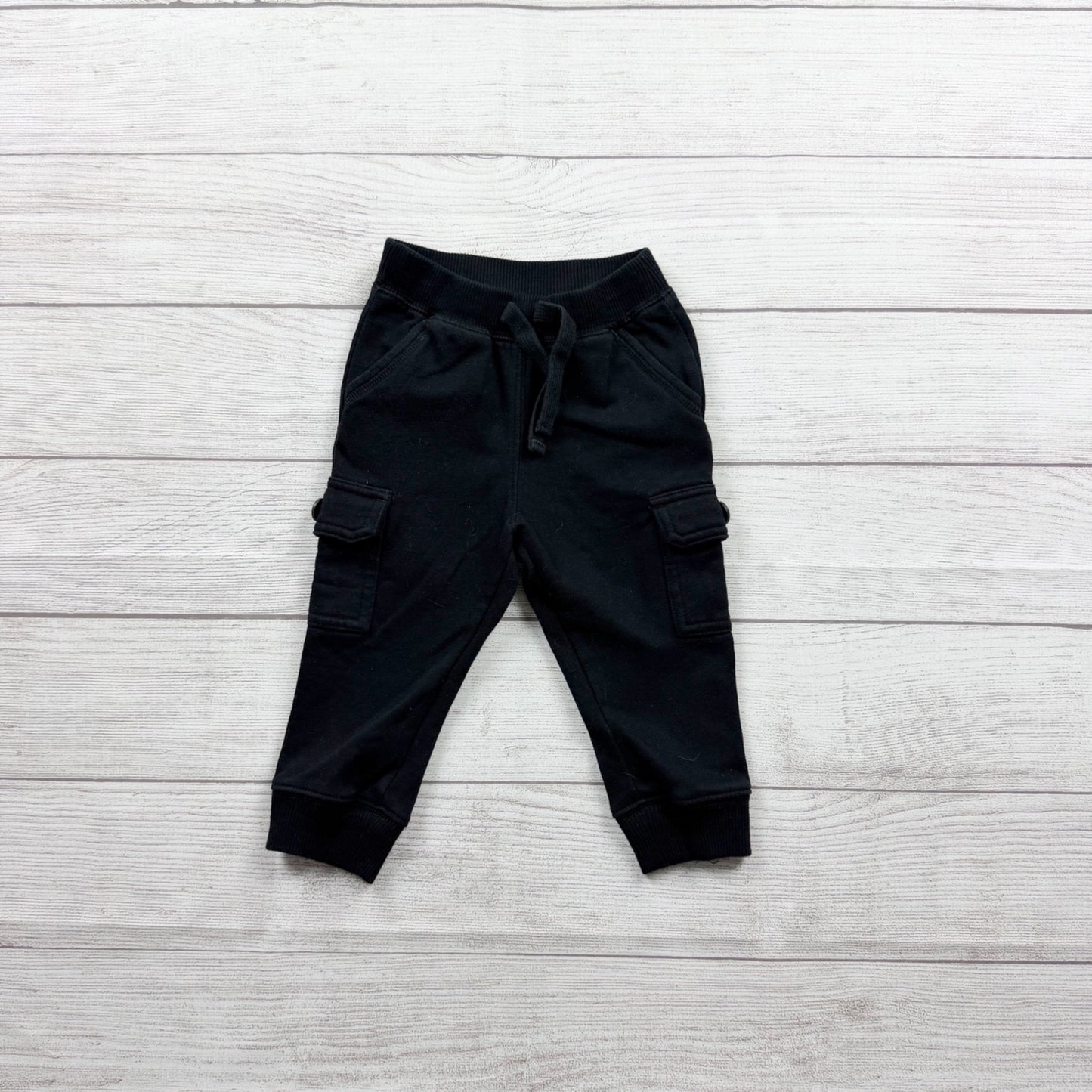 Old Navy Boys Black Fleece Cargo Jogger Pants Drawstring Pockets 18-24 Months