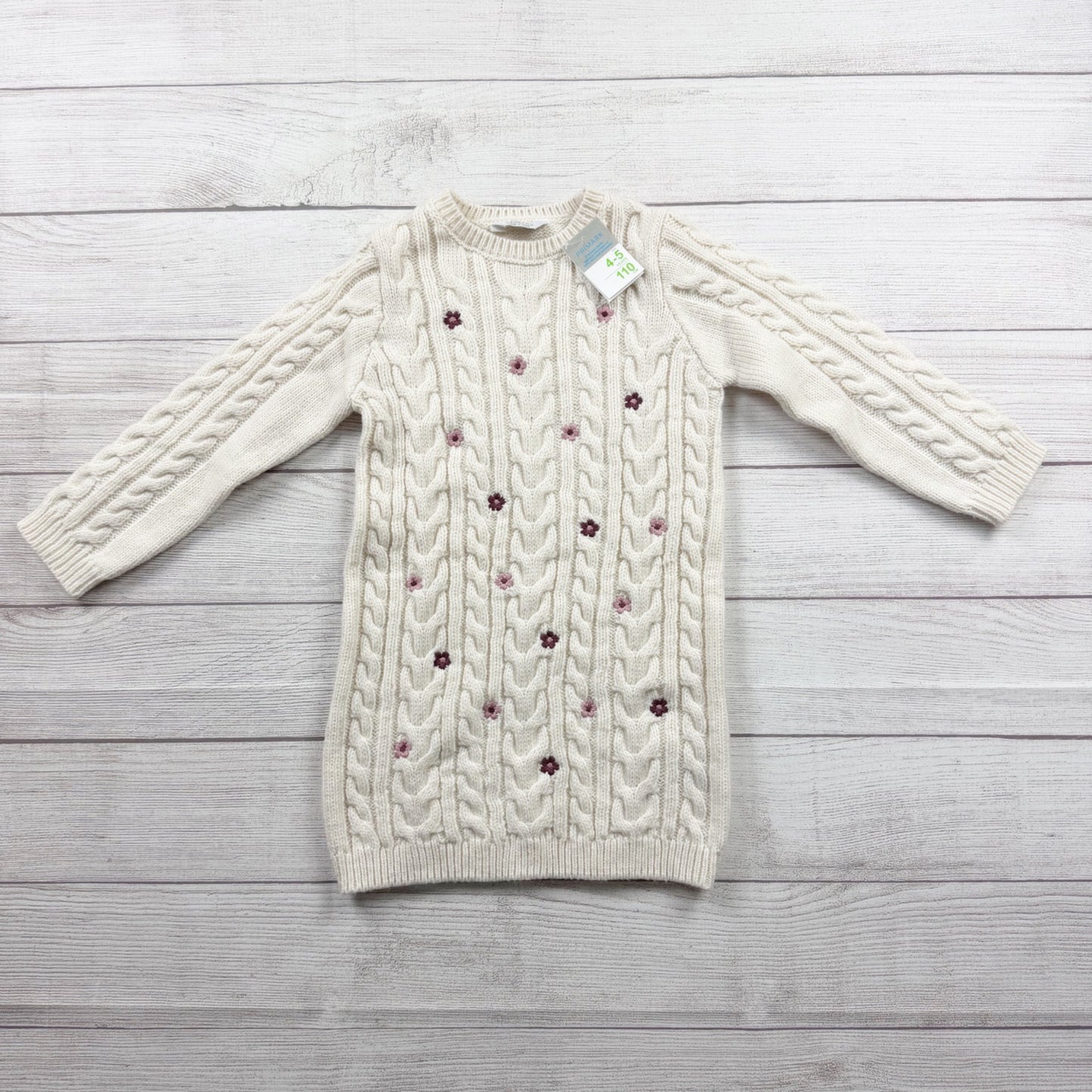 Primark Girls Cream Cable Knit Sweater Dress Floral Embroidered NWT 4-5