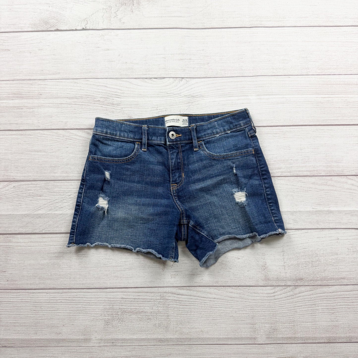 Abercrombie Kids Distressed Denim Mid Rise Midi Short Regular Blue Raw Hem 15-16
