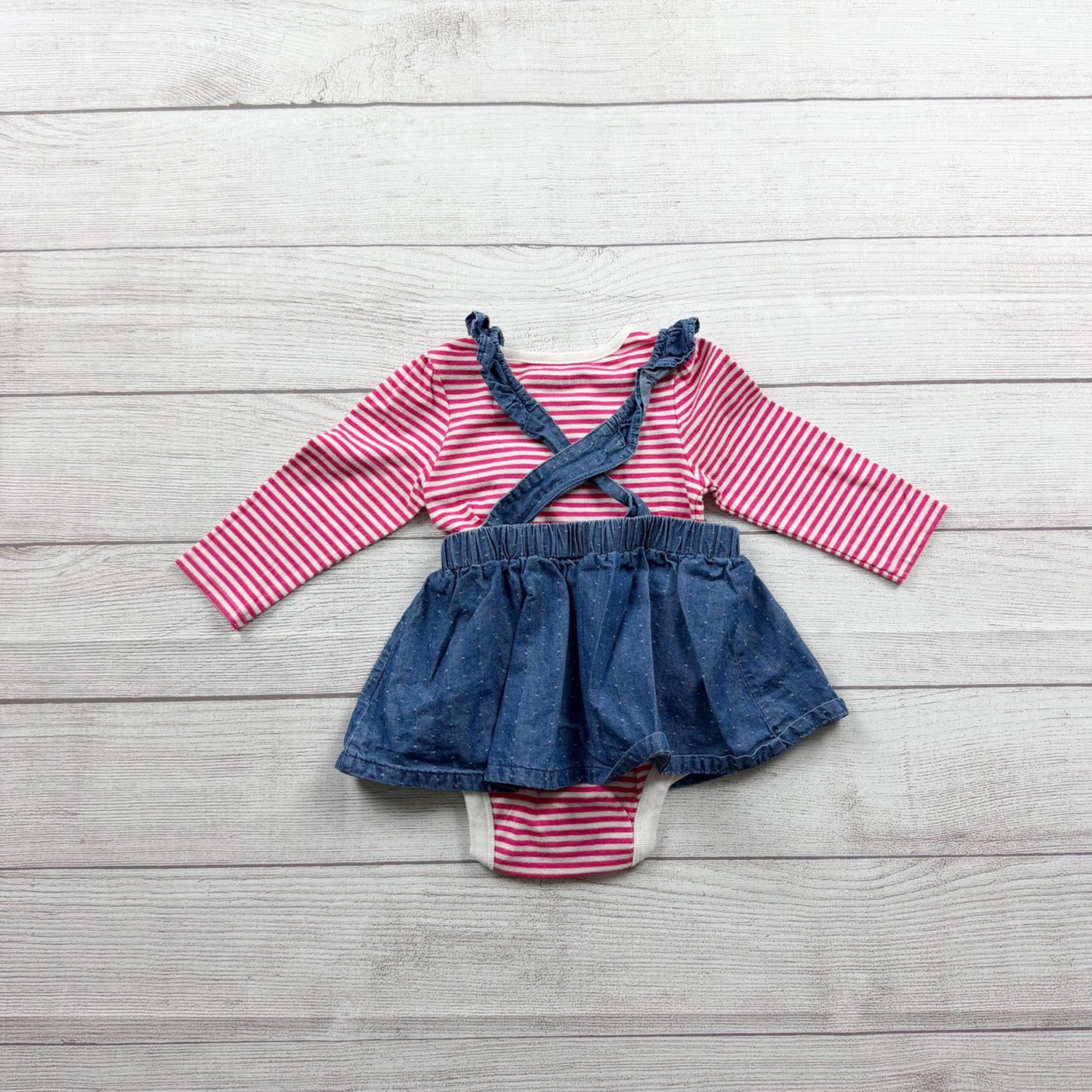 Baby Cat & Jack 2-Piece Outfit Striped Bodysuit Ruffle Jumper Dress 6-9 Months