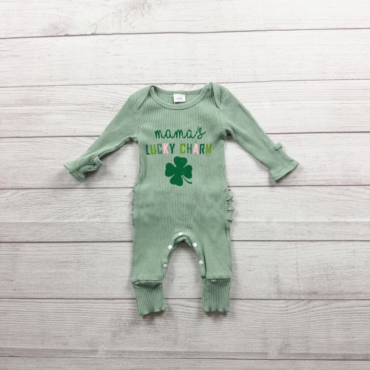 Mamas Lucky Charm Ruffled Baby Ribbed Romper Green Long Sleeve 0-3 Months