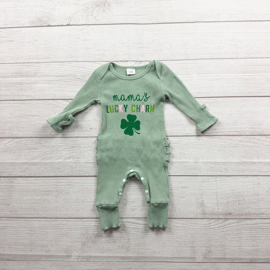 Mamas Lucky Charm Ruffled Baby Ribbed Romper Green Long Sleeve 0-3 Months