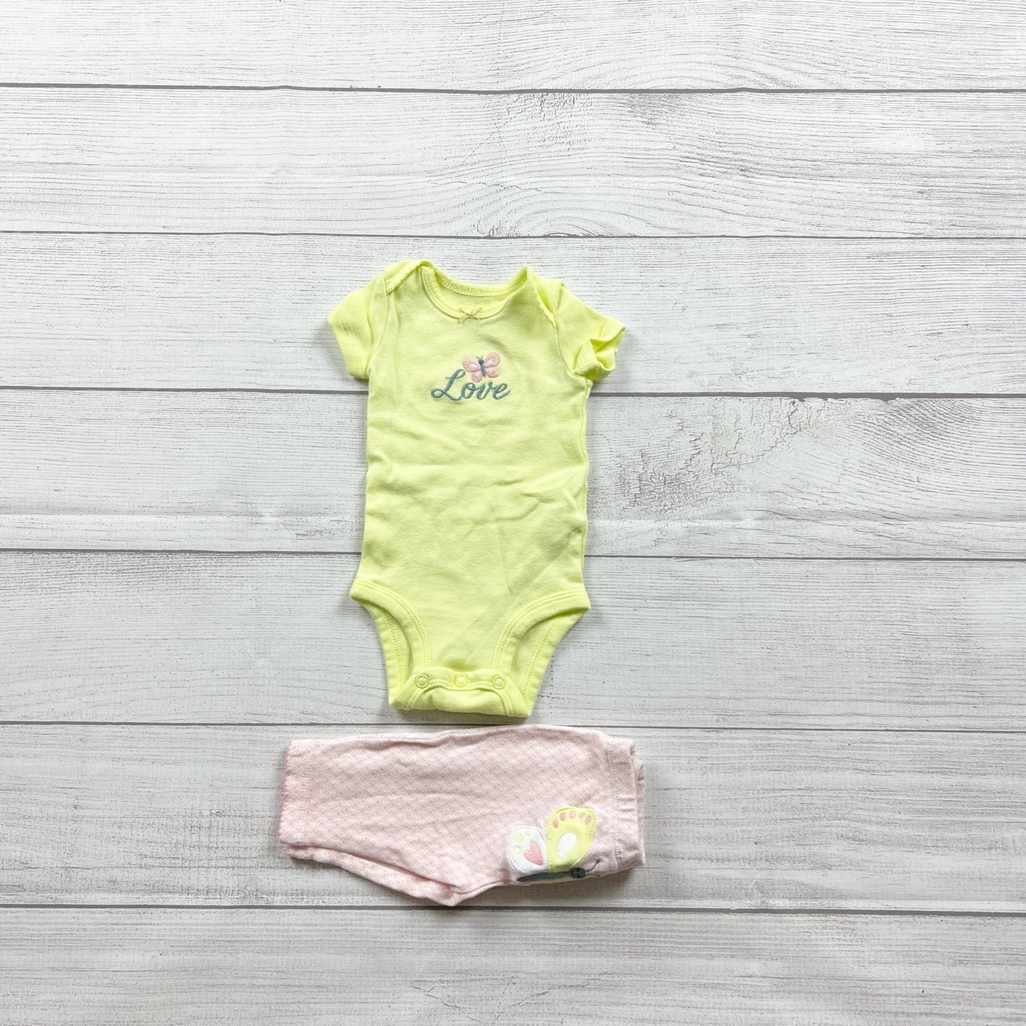 Carter's Baby Outfit Bodysuit Pants Butterfly Love Yellow Pink Set Newborn