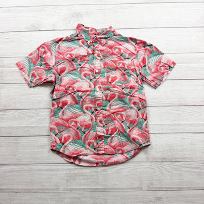 Old Navy Boys Flamingo Print Button Up Shirt Tropical Built-In Flex L 10-12