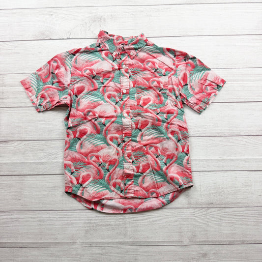 Old Navy Boys Flamingo Print Button Up Shirt Tropical Built-In Flex L 10-12