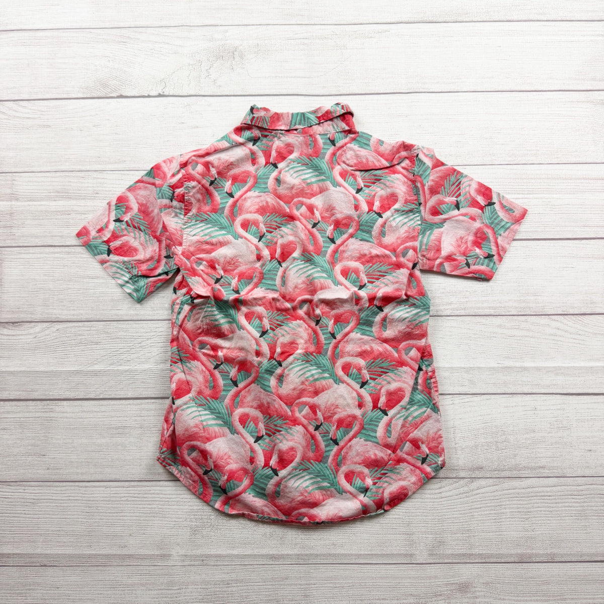 Old Navy Boys Flamingo Print Button Up Shirt Tropical Built-In Flex L 10-12
