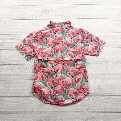 Old Navy Boys Flamingo Print Button Up Shirt Tropical Built-In Flex L 10-12