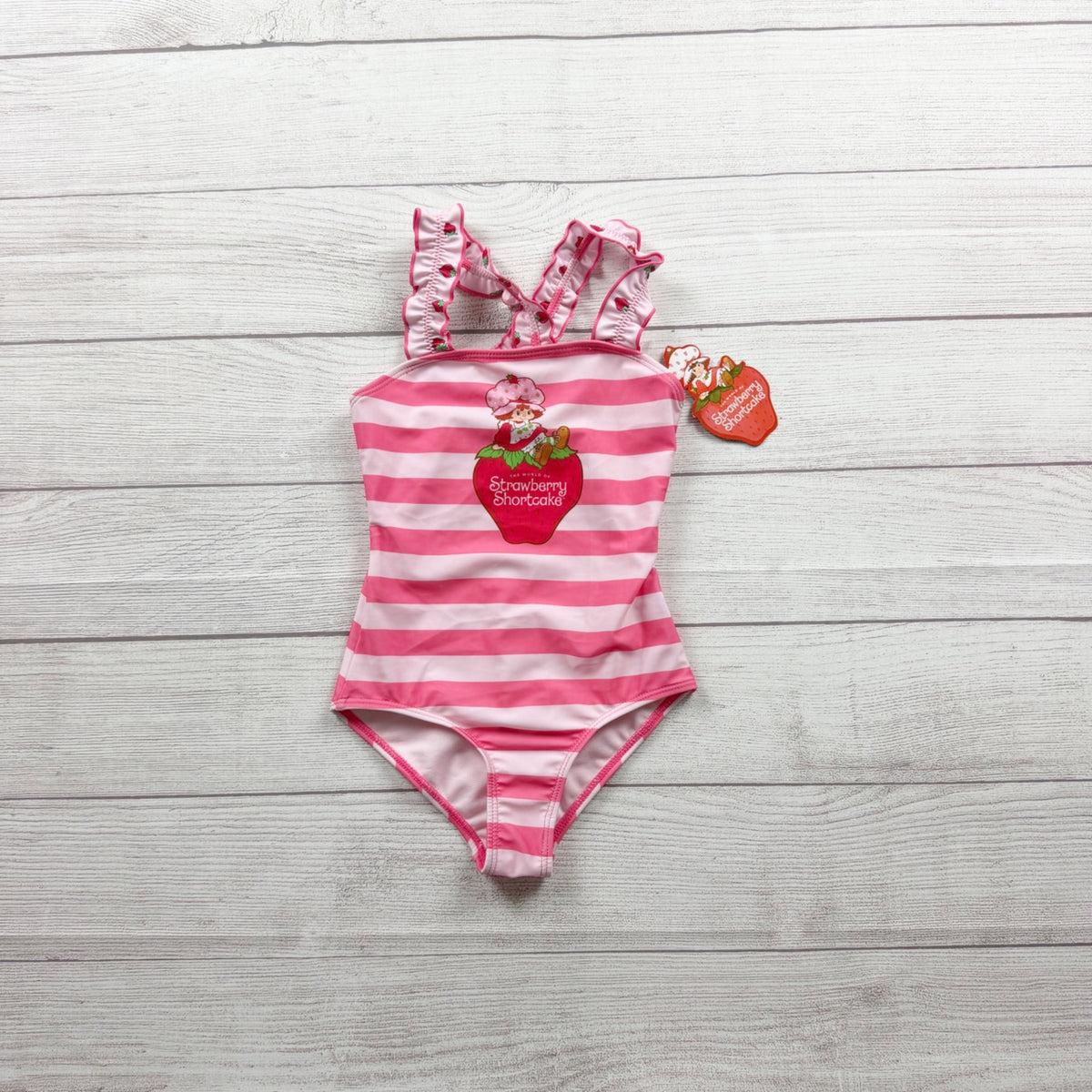 Strawberry Shortcake Girls Pink Striped Swimsuit Ruffled Straps NWT 4-5