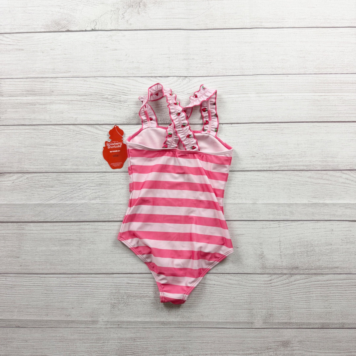 Strawberry Shortcake Girls Pink Striped Swimsuit Ruffled Straps NWT 4-5