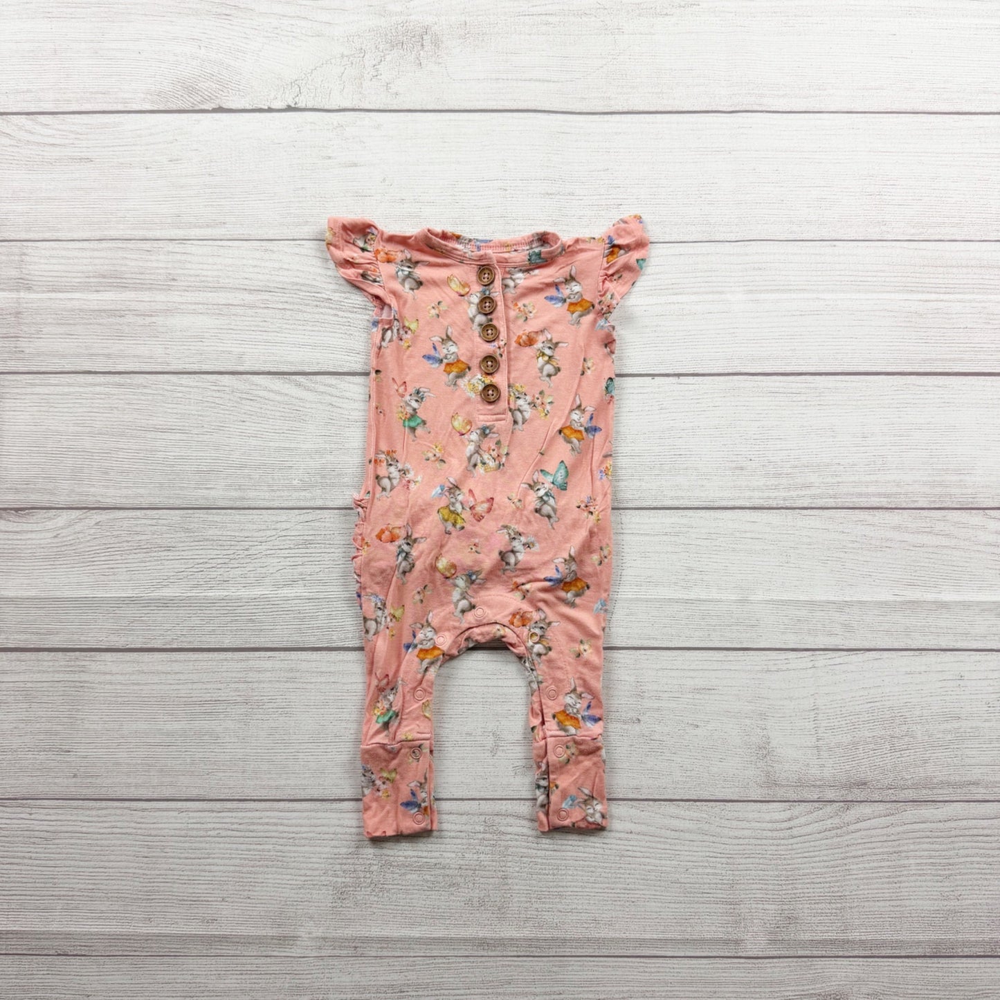 Posh Peanut Bamboo Ruffled Romper Flutter Sleeves Bunny Floral Print 0-3 Months