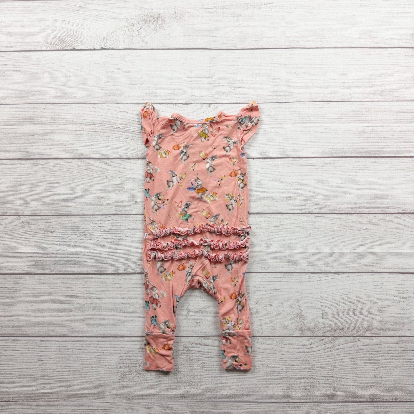 Posh Peanut Bamboo Ruffled Romper Flutter Sleeves Bunny Floral Print 0-3 Months