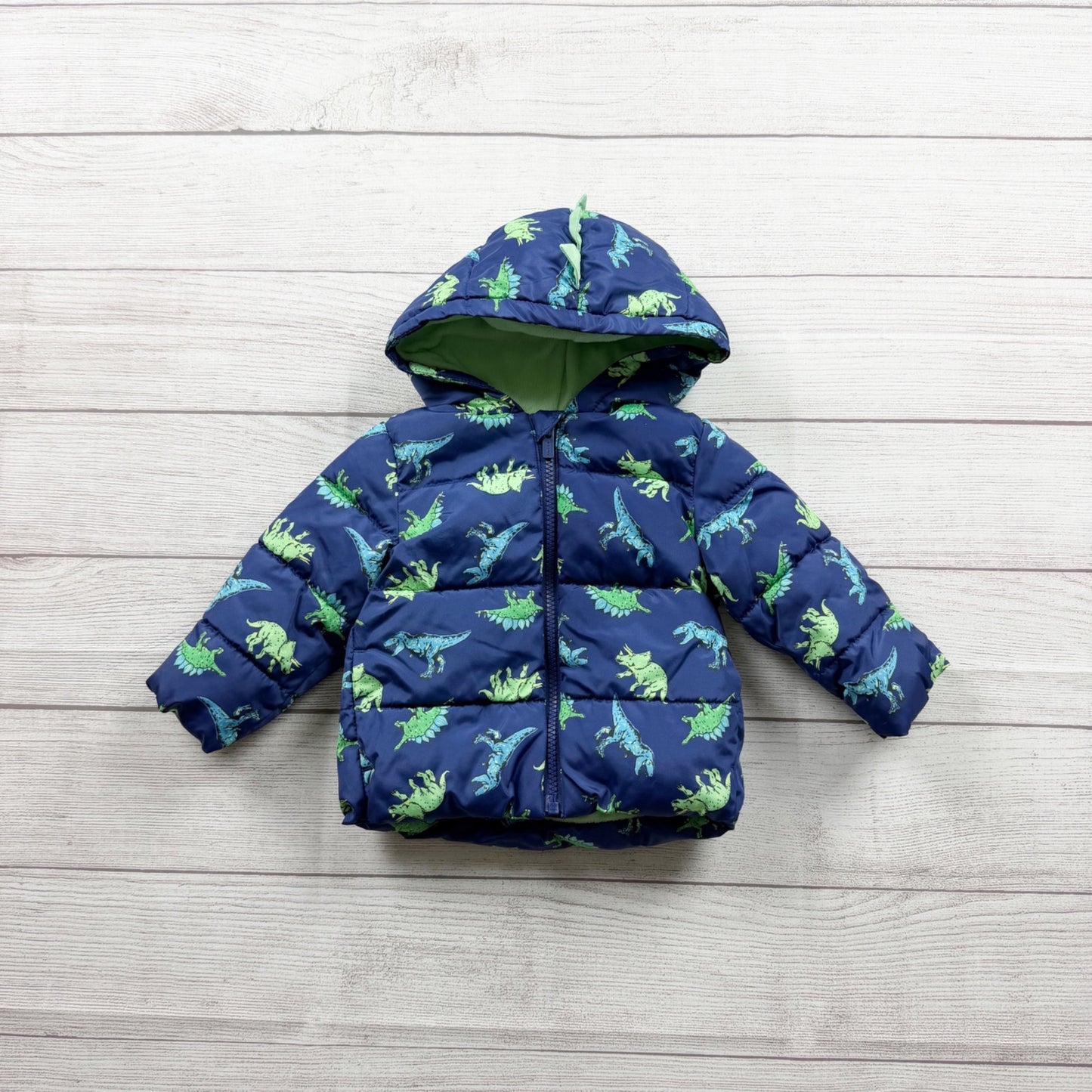 Old Navy Dinosaur Print Puffer Jacket Toddler Water Resistant Blue 6-12 Months