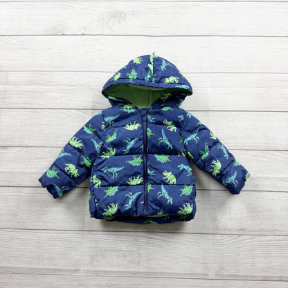 Old Navy Dinosaur Print Puffer Jacket Toddler Water Resistant Blue 6-12 Months
