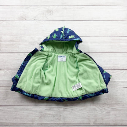 Old Navy Dinosaur Print Puffer Jacket Toddler Water Resistant Blue 6-12 Months