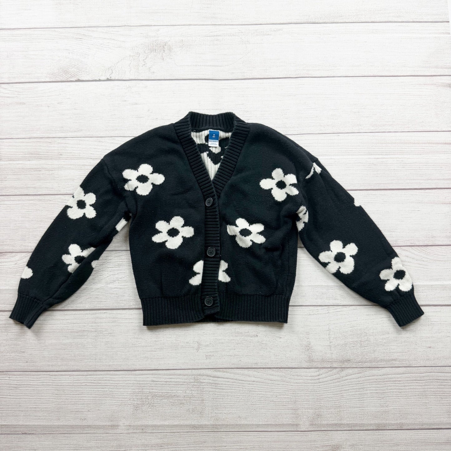 Old Navy Girls Black & White Daisy Floral Knit Button Down Cardigan Sweater M 8