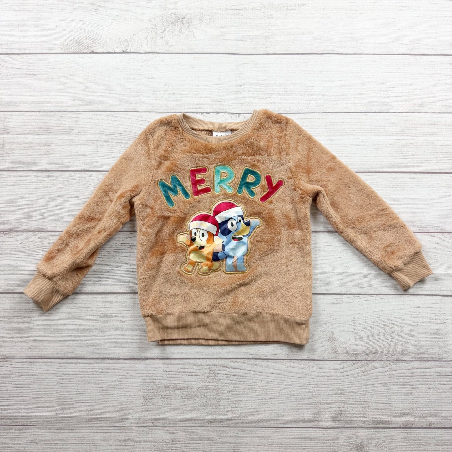 Bluey Kids Fuzzy Merry Christmas Pullover Crewneck Sweatshirt Brown Polyester 5T
