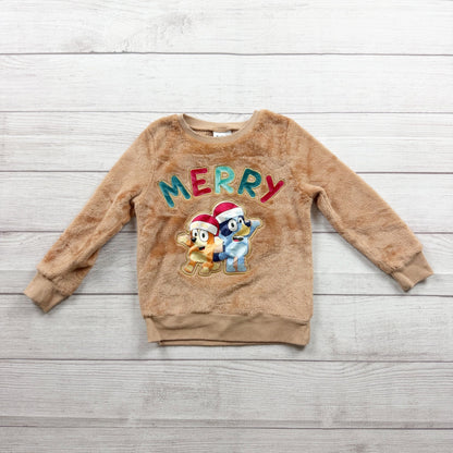 Bluey Kids Fuzzy Merry Christmas Pullover Crewneck Sweatshirt Brown Polyester 5T