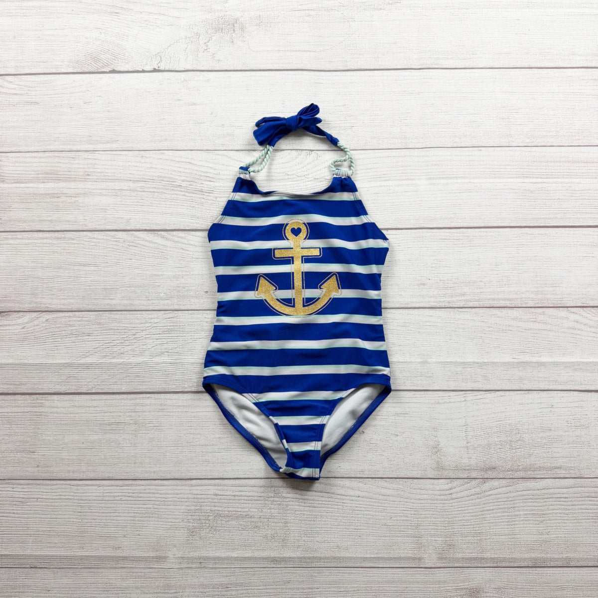 Cat & Jack Girls Striped Swimsuit Gold Anchor Halter Nautical One Piece XS 4-5