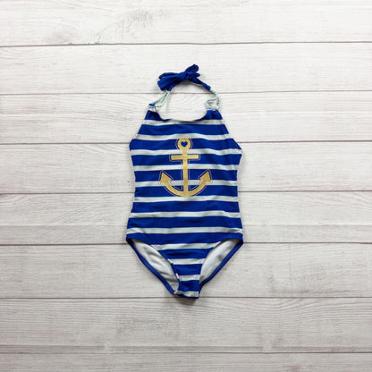 Cat & Jack Girls Striped Swimsuit Gold Anchor Halter Nautical One Piece XS 4-5