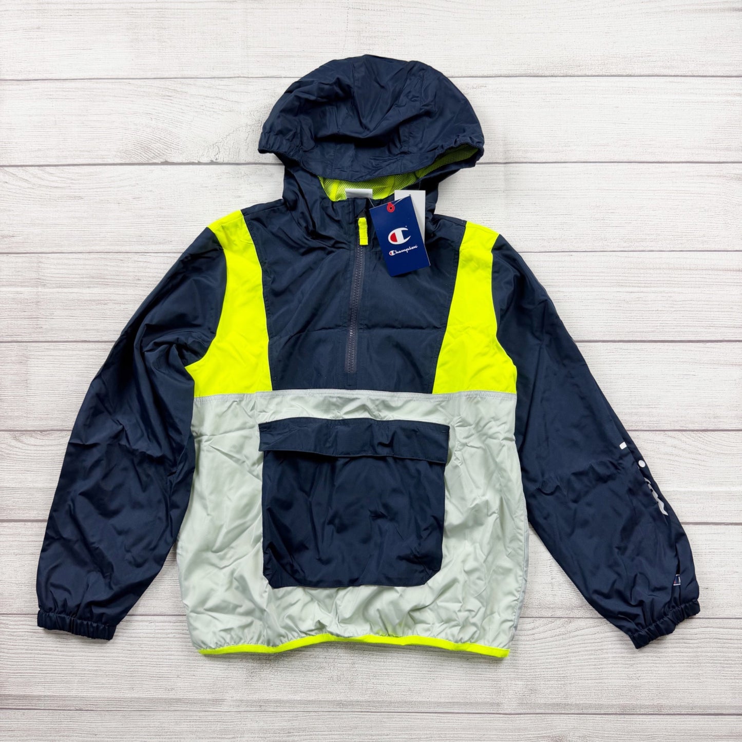 Champion Hooded Windbreaker Jacket Navy Neon Mesh Lined NWT M 10-12
