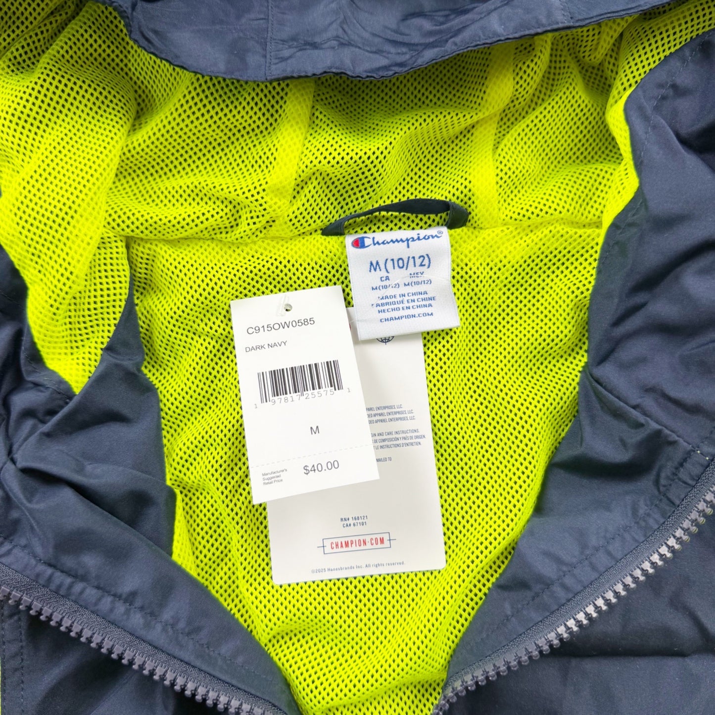 Champion Hooded Windbreaker Jacket Navy Neon Mesh Lined NWT M 10-12