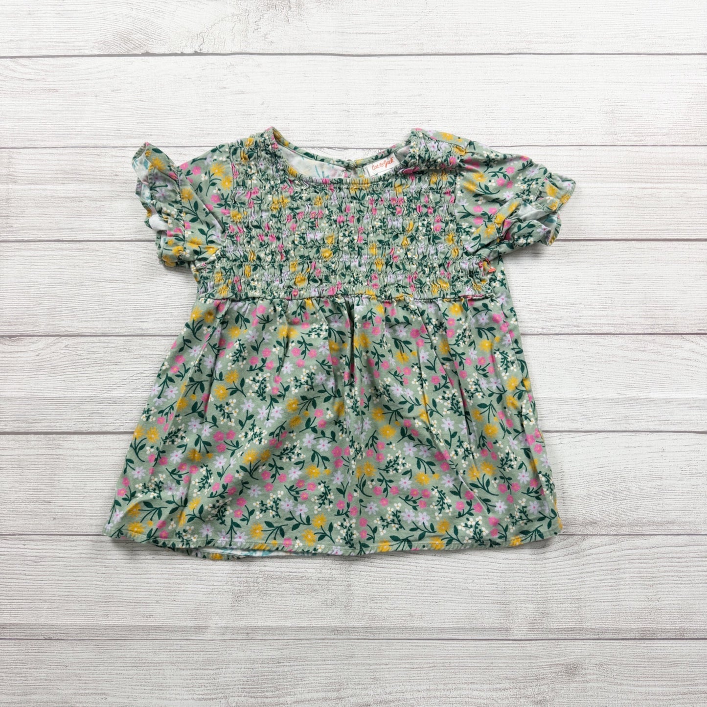 Cat & Jack Girls Smocked Top Green Floral Puff Sleeve Blouse 10-12