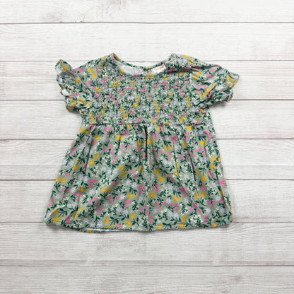 Cat & Jack Girls Smocked Top Green Floral Puff Sleeve Blouse 10-12
