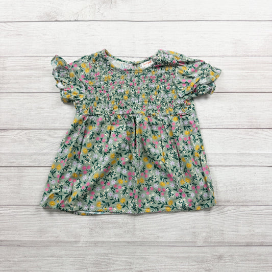 Cat & Jack Girls Smocked Top Green Floral Puff Sleeve Blouse 10-12