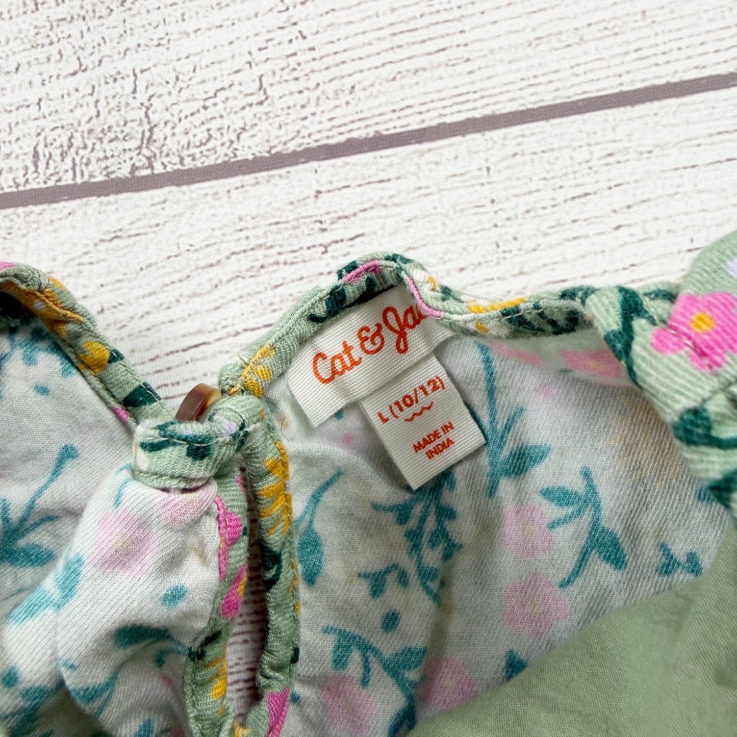 Cat & Jack Girls Smocked Top Green Floral Puff Sleeve Blouse 10-12